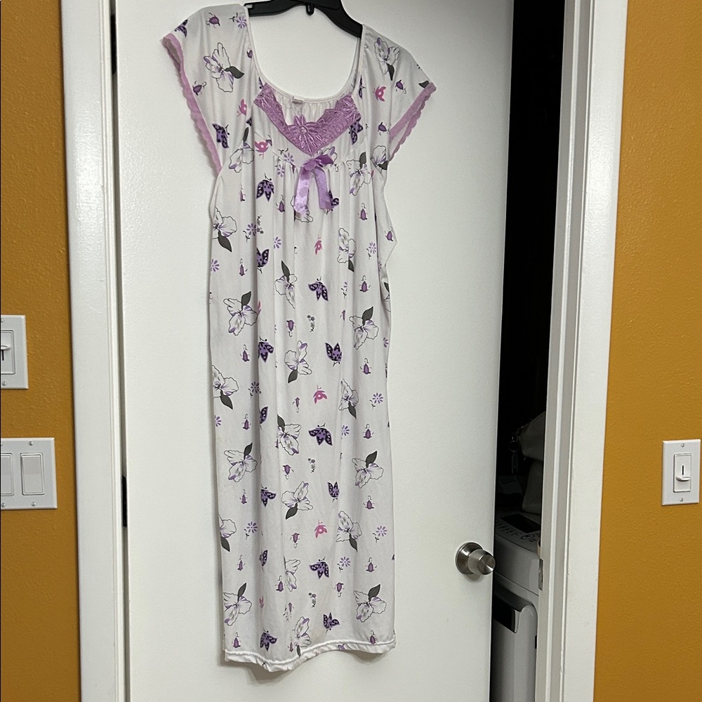 White Nightgown with Purple Butterfly Print and Lace Trim